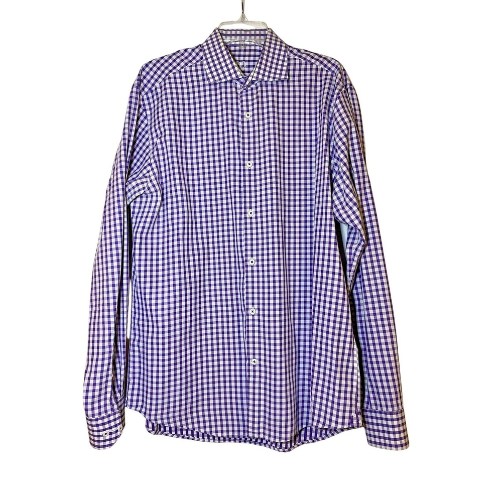Bugatchi Uomo Mens Purple White Gingham Check Cotton‎ Button Down Shirt Large